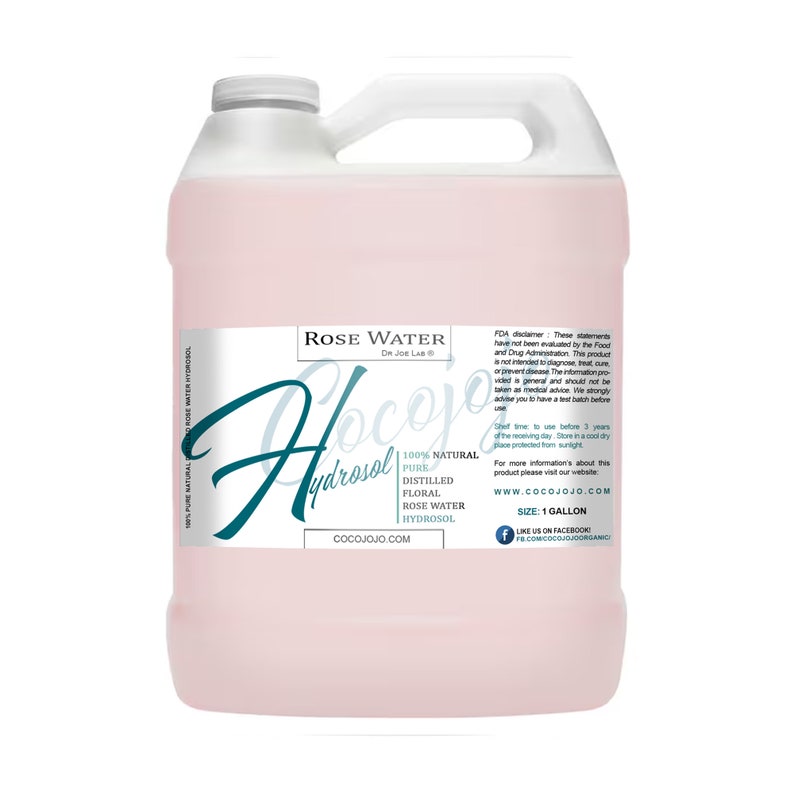 May include: A gallon jug of rose water hydrosol. The label reads "Rose Water Hydrosol 100% Natural Pure Distilled Floral Rose Water Hydrosol Cocojojo.com".