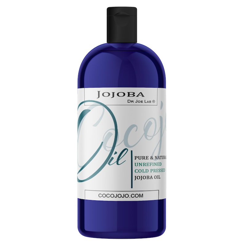 May include: A blue bottle of Jojoba Oil by Dr. Joe Lab. The label reads "Jojoba Oil, Pure & Natural, Unrefined, Cold Pressed, Jojoba Oil, cocojojo.com".