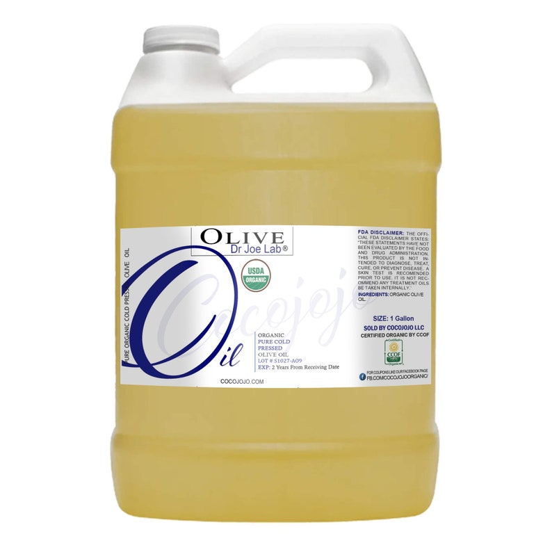 May include: A gallon jug of USDA certified organic olive oil. The label reads "Olive Dr Joe Lab" and "Cocojojo Oil". The label also includes the USDA organic seal and the text "Pure Cold Pressed Olive Oil".