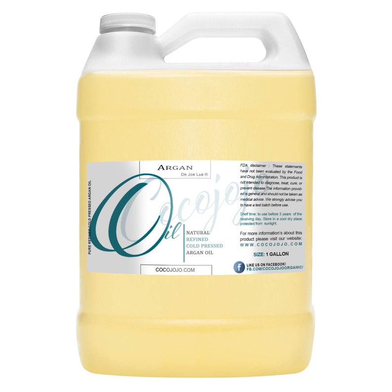 May include: A gallon jug of clear, yellow argan oil with a white label. The label reads "Argan Dr Joe Lab" and "Cocojojo.com". The label also includes the text "Natural Refined Cold Pressed Argan Oil".