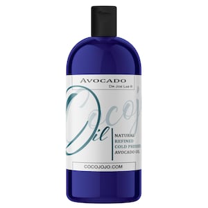 May include: A blue bottle of natural refined cold-pressed avocado oil. The label reads "Avocado Dr. Joe Lab&reg; Cocojo Oil Natural Refined Cold Pressed Avocado Oil cocojojo.com".