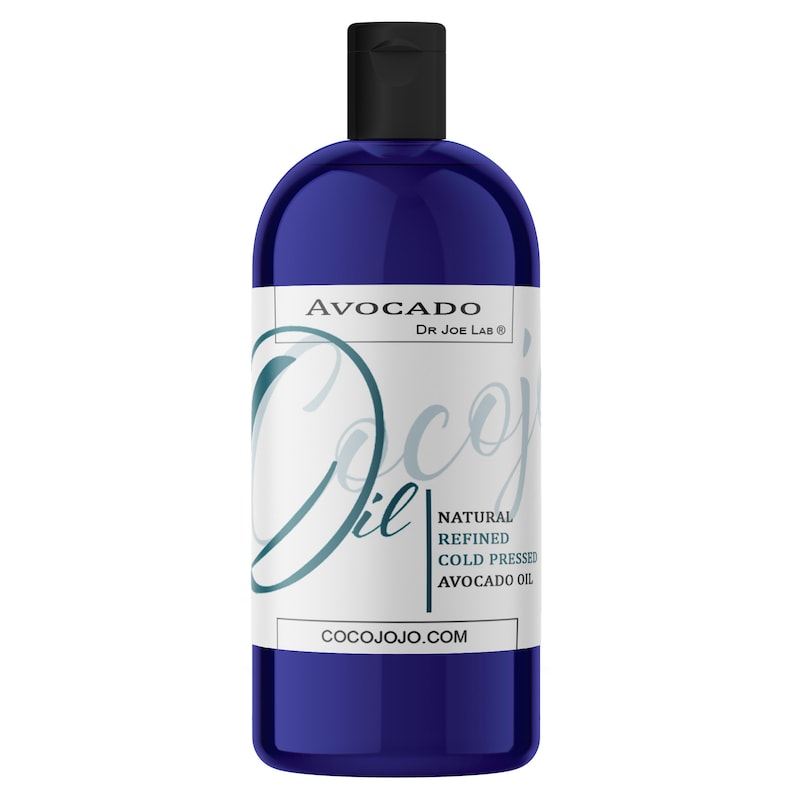May include: A blue bottle of natural refined cold-pressed avocado oil. The label reads "Avocado Dr. Joe Lab&reg; Cocojo Oil Natural Refined Cold Pressed Avocado Oil cocojojo.com".