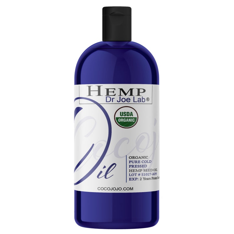 May include: A blue bottle of USDA Organic Hemp Seed Oil from Dr. Joe Lab. The bottle has a white label with the text "HEMP Dr. Joe Lab&reg;" and "COCOJOO.COM". The label also includes the USDA Organic seal and the text "ORGANIC PURE COLD PRESSED HEMP SEED OIL LOT #S1027-A09 EXP: 2 Years From Date".