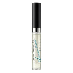 Puede incluir: Un frasco de suero transparente con tapa negra y banda plateada. El frasco contiene un líquido transparente y tiene el texto "INSTANT EYEBROWS 300 Advance Serum" en blanco y verde azulado. El frasco es de 5 ml.