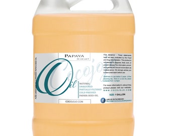 Könnte beinhalten: Ein Gallonenkanister mit klarem, hellgelbem Papaya-Samenöl. Das Etikett lautet "PAPAYA Dr Joe Lab" und "COCOJOJO.COM". Das Etikett lautet auch "Naturreines, teilweise gefiltertes, kaltgepresstes Papaya-Samenöl".