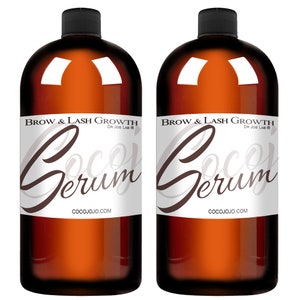 May include: Two brown glass bottles with white labels. The labels read "BROW & LASH GROWTH DR JOE LAB" and "Coco's Serum" with the website address "COCOJOJO.COM".