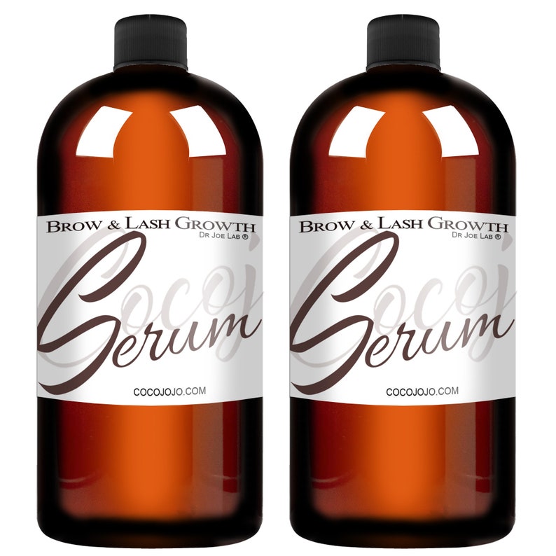 May include: Two brown glass bottles with white labels. The labels read "BROW & LASH GROWTH DR JOE LAB" and "Coco's Serum" with the website address "COCOJOJO.COM".