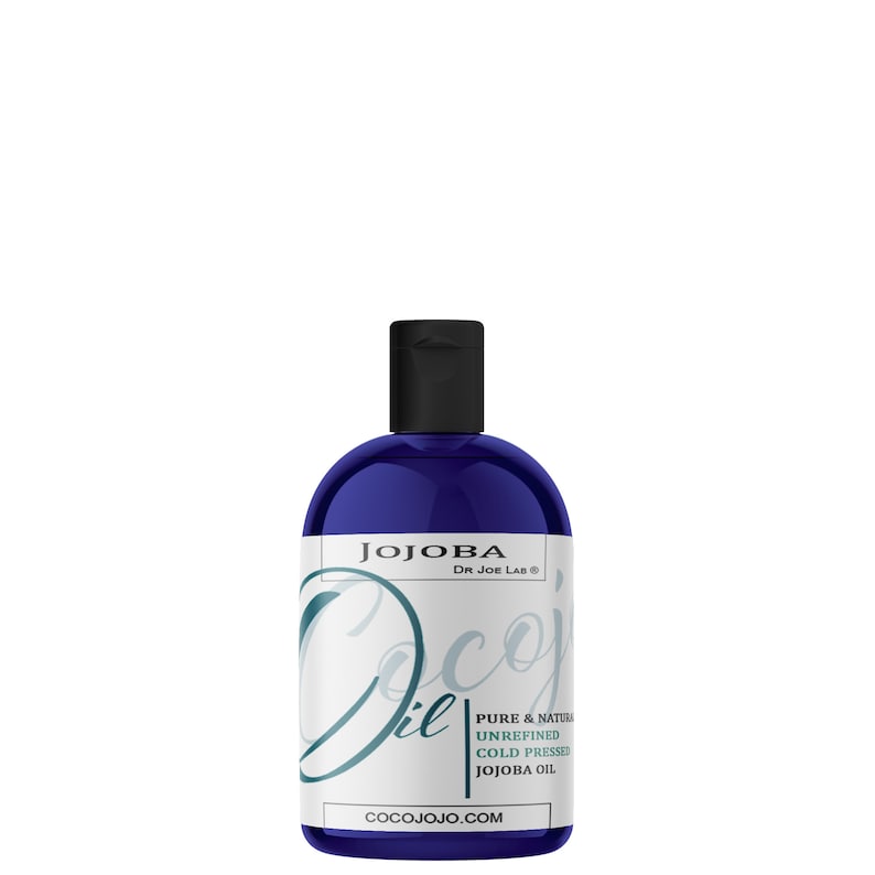 May include: A blue bottle of Jojoba Oil from Dr. Joe Lab. The bottle is labeled with the text "Jojoba Oil Pure & Natural Unrefined Cold Pressed Jojoba Oil cocojojo.com".