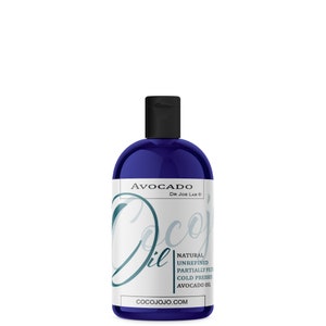 May include: A blue bottle of Dr. Joe Lab's Avocado Oil. The bottle has a white label with the text "Avocado Oil" in a stylized font. The label also includes the text "Natural Unrefined Partially Filtered Cold Pressed Avocado Oil" and "cocojojo.com".