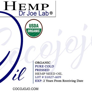 May include: A 32-ounce bottle of organic hemp seed oil labeled "Cocojojo" with a blue cursive logo. The bottle is certified organic by the USDA and CCOF. The label includes the text "Hemp Dr Joe Lab&reg;" and "FDA Disclaimer".