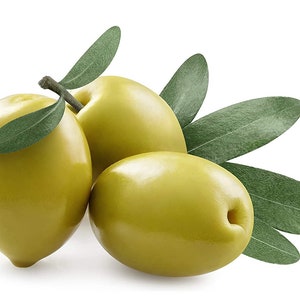 May include: Three green olives with leaves attached, on a white background.