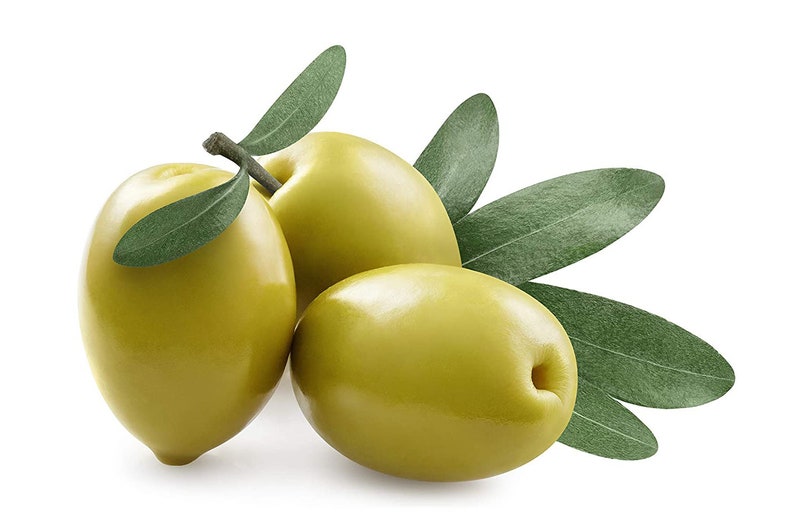 May include: Three green olives with leaves attached, on a white background.