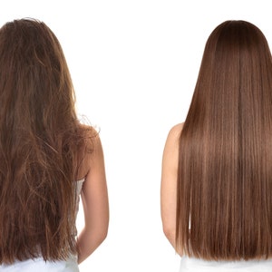 May include: Before and after photos showing the difference in hair texture. The hair on the left is frizzy and dry, while the hair on the right is smooth and straight.