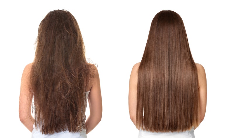 May include: Before and after photos showing the difference in hair texture. The hair on the left is frizzy and dry, while the hair on the right is smooth and straight.