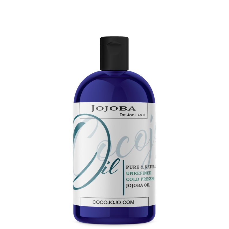 May include: A blue bottle of Jojoba Oil by Dr. Joe Lab. The bottle has a white label with the text "Jojoba Oil, Pure & Natural, Unrefined, Cold Pressed Jojoba Oil, cocojojo.com".