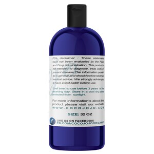May include: A blue plastic bottle with a black cap and white label. The label contains text about the product, including the brand name "Cocojojo", the size "32 oz", and a Facebook page link. The bottle is on a white background.