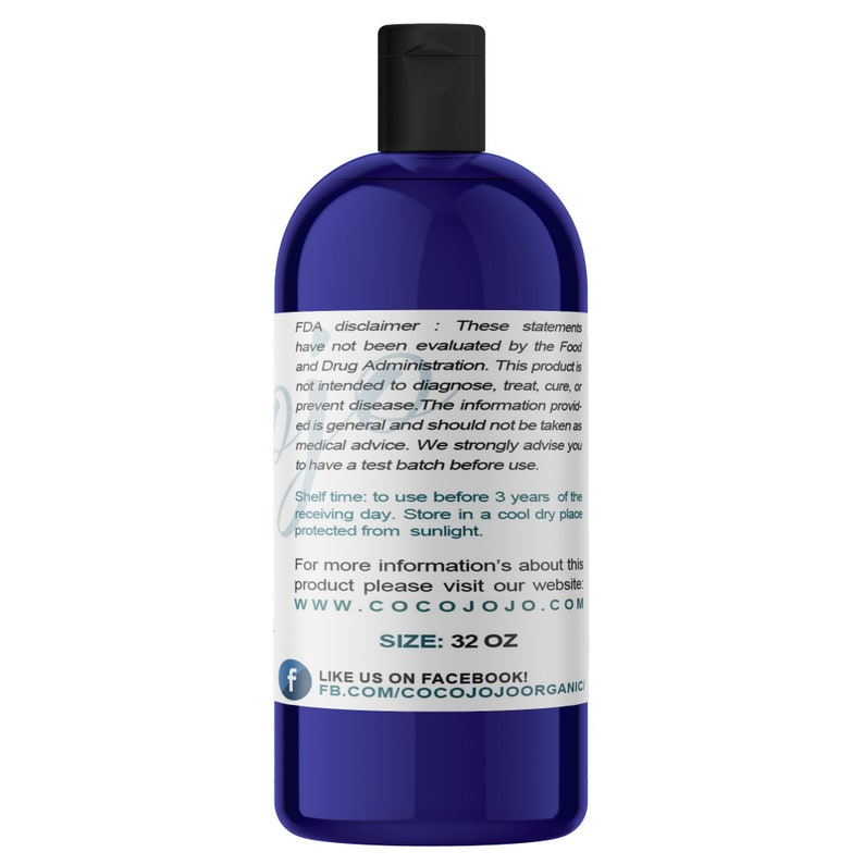 May include: A blue plastic bottle with a black cap and white label. The label contains text about the product, including the brand name "Cocojojo", the size "32 oz", and a Facebook page link. The bottle is on a white background.