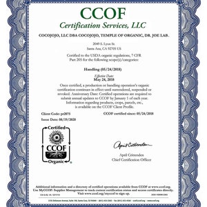 May include: A CCOF organic certification for a handling operation, issued to Cocojojo, LLC DBA Cocojojo, Temple of Organic, Dr. Joe Lab. The certificate is dated August 19, 2020, and states that the operation has been certified since May 24, 2018. The certificate features the CCOF logo with the text "Certified CCOF Organic".