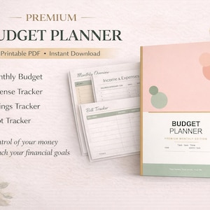 Pode incluir: Um planejador de orçamento premium com uma capa rosa e branca, apresentando um design minimalista com formas geométricas. O planejador inclui seções para orçamentos mensais, controle de despesas, economias e controle de dívidas. O texto diz "Budget Planner" e "PDF para download imediato".