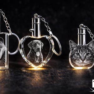May include: Three illuminated crystal keychains with custom photo engravings. One features a couple, another a dog in a heart shape, and the third a cat. Each keychain has a silver metal top and chain.