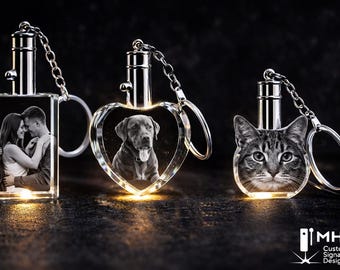 Porte-clés photo en cristal personnalisé - Souvenir personnalisé gravé en 3D avec lumière LED -