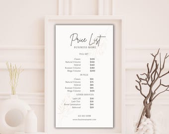 Plantilla editable de lista de precios de pestañas y cejas / Menú de servicios de belleza (descarga digital)