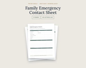 Family Emergency Contact Sheet Printable, Babysitter Info, Fridge List, Important Phone Numbers PDF