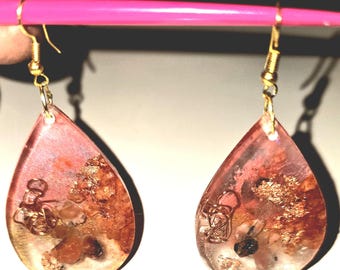 Sacral Chakra Earrings — Orange Resin, Red Agate, Copper & Sea Salt - Teardrop Shape
