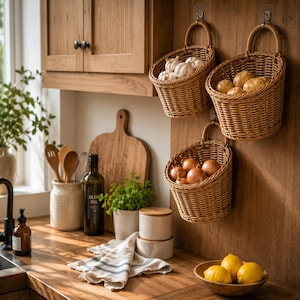 Könnte beinhalten: Küchenszene mit drei Weidenkörben, die an einer Holzwand hängen und mit Knoblauch, Kartoffeln und Zwiebeln gefüllt sind. Ein Holzschneidebrett, Utensilien und eine Schüssel mit Zitronen befinden sich auf der Arbeitsplatte. Olivenöl und Kräuter sind ebenfalls zu sehen.