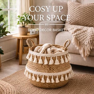 Boho Woven Basket with Tassels, Decorative Storage Basket, Plant Holder, Bohemian Home Decor, Nursery Basket, Aesthetic Room UK