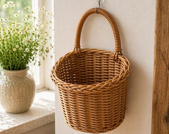 Wall Hanging Wicker Basket | Rattan Storage Basket Set | Kitchen Garlic Onion Holder | Bathroom Wall Organiser | Rustic Home Decor