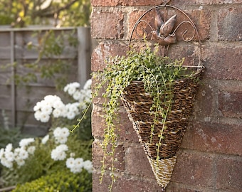 Hanging Wall Planter Basket | Wicker Wall Basket Planter | Garden Wall Decor | Rustic Outdoor Plant Holder | Boho Hanging Basket