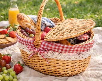 Cesta de picnic de mimbre con tapa, cesta de almacenamiento, cesta tejida a mano, cesta de picnic con asa, cesta para alimentos, cesta de regalo