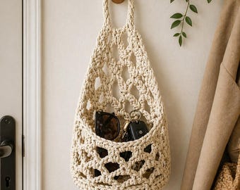 Hanging Crochet Basket | Cotton Rope Wall Storage | Hanging Fruit Basket Kitchen | Bathroom Organiser | Plant Holder Boho Decor