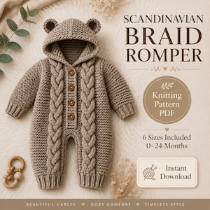 Scandinavian Braid Romper Knitting Pattern | Hooded Baby Onesie (PDF Download)