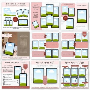Op de afbeelding: Digitale product templates in roze en wit, met mockups van tablets en telefoons. De ontwerpen bevatten ruimte voor afbeeldingen en tekst, met titels als "Main Product Title" en "Discover My Shop".