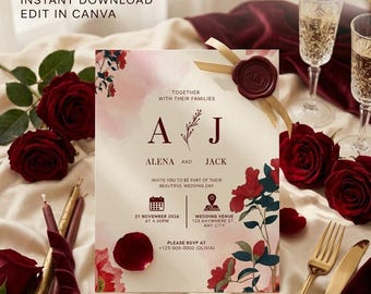 Plantilla editable de invitación de boda color burdeos, invitación moderna y minimalista para Canva (digital)