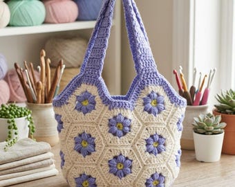 Patrón de bolso de crochet hexagonal con flores, punto abullonado (descarga en PDF)