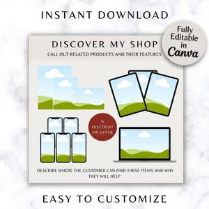 Op de afbeelding: Een digitale marketing sjabloon met de tekst "DIRECT DOWNLOADEN" en "ONTDEK MIJN WINKEL". Het ontwerp bevat illustraties van een laptop, smartphones en afbeeldingen met landschappen. De tekst "EENVOUDIG AAN TE PASSEN" is ook aanwezig.