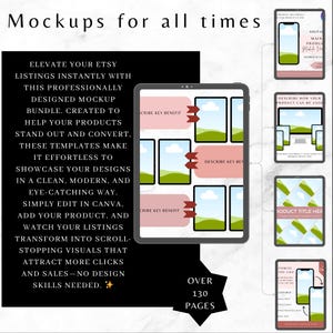 Op de afbeelding: Een digitale mockup-bundel voor Etsy-listings. De afbeelding toont een tablet met verschillende mockups, waaronder telefoon- en computerschermen. Tekst op de afbeelding luidt "Mockups for all times" en "Elevate your Etsy listings instantly". De bundel bevat meer dan 130 pagina's.