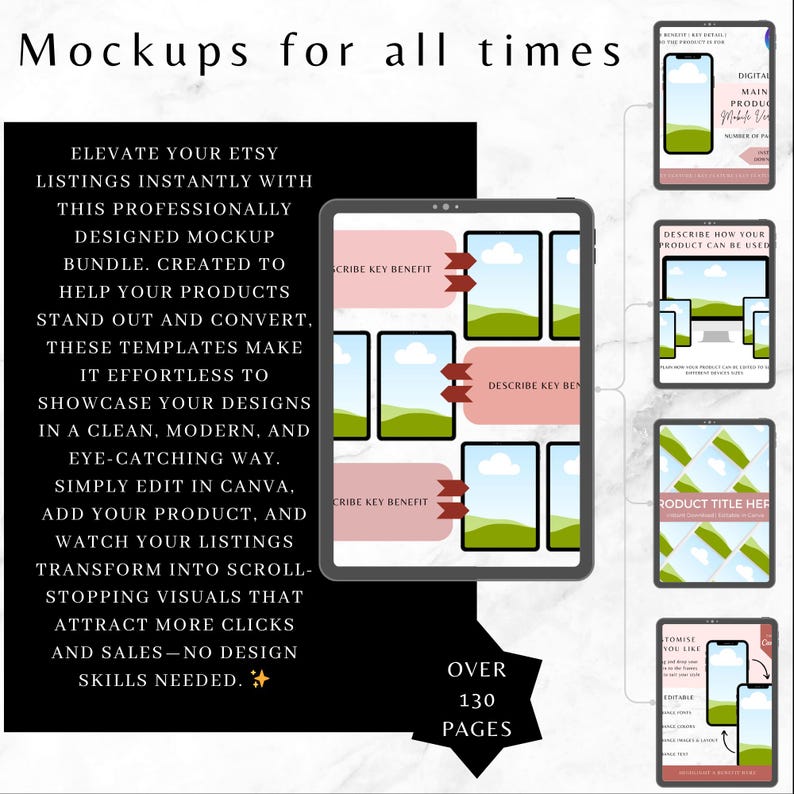 Op de afbeelding: Een digitale mockup-bundel voor Etsy-listings. De afbeelding toont een tablet met verschillende mockups, waaronder telefoon- en computerschermen. Tekst op de afbeelding luidt "Mockups for all times" en "Elevate your Etsy listings instantly". De bundel bevat meer dan 130 pagina's.