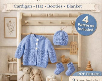 Paquete de patrones de tejido para bebé: cárdigan, gorro, patucos y manta (descarga en PDF)