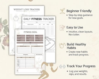 Planificador de fitness / Todo en uno / Registro de entrenamientos, seguimiento de hábitos, diario de pérdida de peso (Descarga digital)