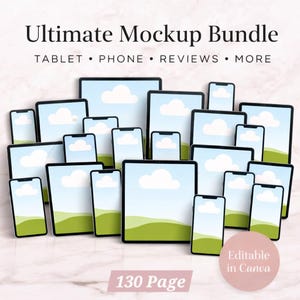 Digitale mockupbundel, tablet, telefoon, recensiesjablonen en meer bewerkbaar in canvas (directe download) afbeelding 1