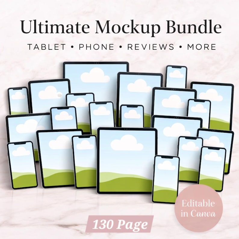 Digitale mockupbundel, tablet, telefoon, recensiesjablonen en meer bewerkbaar in canvas (directe download) afbeelding 1