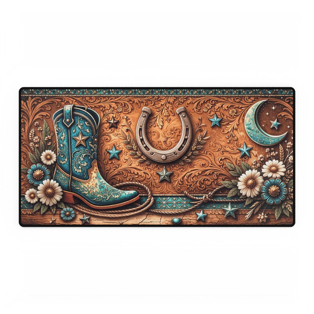 Western Cowboy Boot Moon Horseshoe Desk Mat | Floral Tooled Leather ...