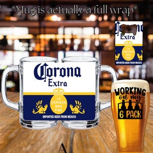 May include: Two clear glass beer mugs featuring a Corona Extra label with blue, white, and yellow colors. A tall beer glass displays the text Working on my 6 pack above an illustration of six bottles. A bottle opener with the Corona logo is included.