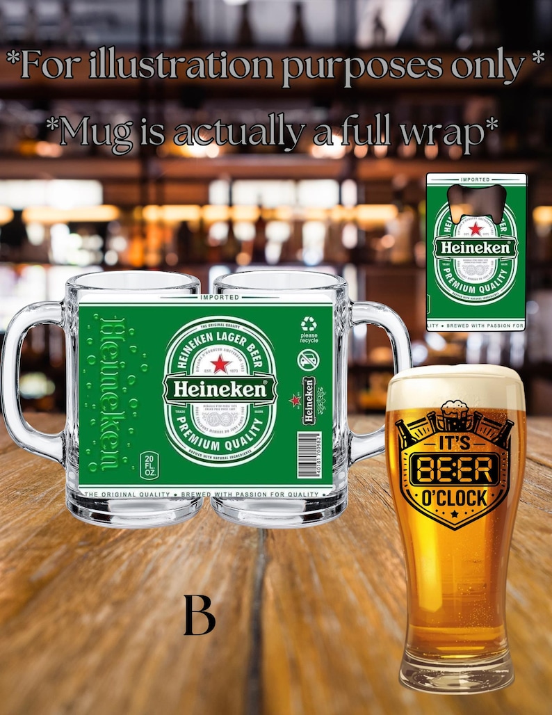 May include: A clear glass beer mug featuring a green Heineken label wrap with the text Heineken Lager Beer Premium Quality, a small bottle opener with a Heineken logo, and a tall beer glass with the text It's Beer O'Clock in a black shield.