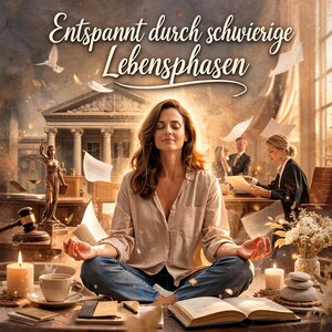 Può includere: Immagine artistica di una donna che medita nella posizione del loto con gli occhi chiusi. L'immagine include uno sfondo del tribunale, carte fluttuanti, candele e il testo "Entspannt durch schwierige Lebensphasen".