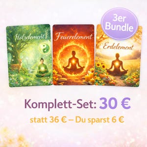 Könnte beinhalten: Ein Set aus drei Karten mit spirituellen Bildern. Die Karten zeigen Illustrationen einer Person, die in der Natur meditiert, umgeben von Elementen wie Feuer, Erde und Holz. Der Text "3er Bundle" ist sichtbar.